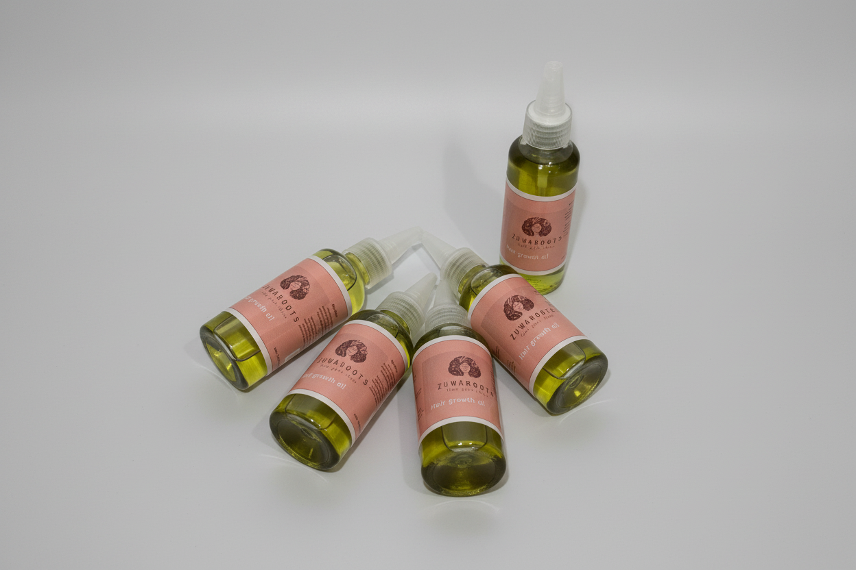 Bottles of a product with pink labels on a white surface with dried flowers.